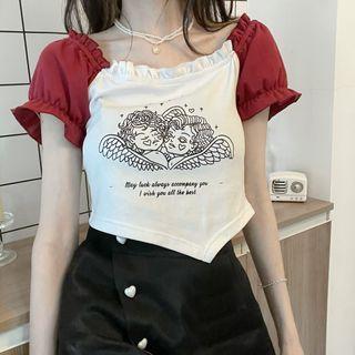 Two-tone Angel Print Cropped T-shirt