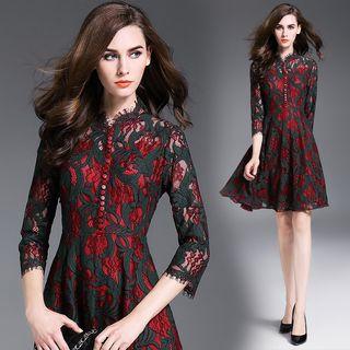 Elbow-sleeve Floral Embroidered Crewneck A-line Sheath Cutout Slim Lace Dress