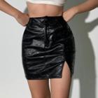 Slit Faux Leather Mini Pencil Skirt