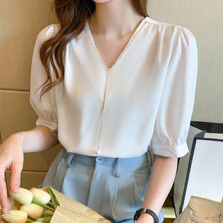 Puff-sleeve V-neck Simple Top
