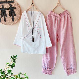 Embroidered Long-sleeve Top / Wide Leg Pants