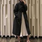 Long-sleeve Plain Single Breast Long Jacket / High-waist Pleated Skirt
