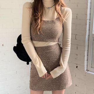 Long-sleeve Top / Spaghetti Strap Leopard Print Top / Mini Fitted Skirt