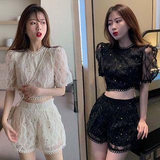 Short-sleeve Sequined Crop Top / Sequined Shorts