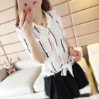 Elbow-sleeve Tie-hem Striped Chiffon Shirt