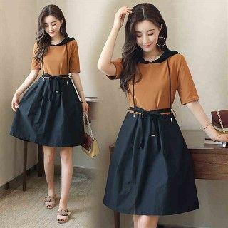 Elbow-sleeve Hooded Panel Dress With Belt