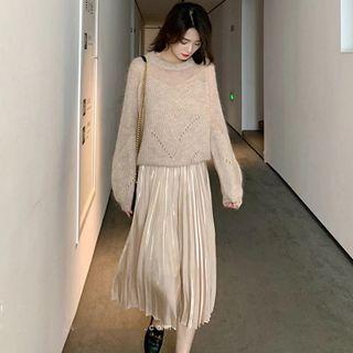 Set: Tie-back Sweater + Spaghetti Strap Pleated A-line Dress