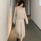Set: Tie-back Sweater + Spaghetti Strap Pleated A-line Dress