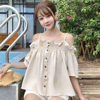 Plaid Short-sleeve Cold-shoulder Blouse
