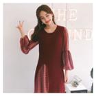 Set: Sleeveless Slit-hem Knit Top + Patterned Dress
