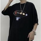 Galaxy Print Elbow-sleeve T-shirt Black - One Size