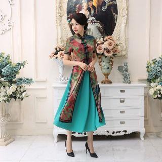 Set: Sleeveless A-line Maxi Dress + Short-sleeve Printed Cheongsam