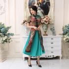 Set: Sleeveless A-line Maxi Dress + Short-sleeve Printed Cheongsam