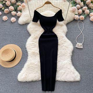 Short-sleeve Off-shoulder Knit Sheath Dress Black - One Size