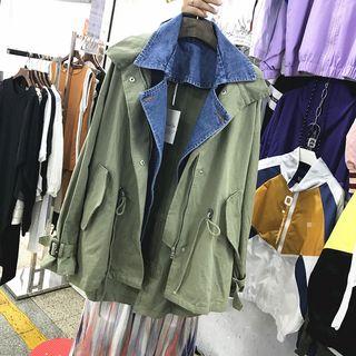 Mock Two-piece Drawstring Waist Zip Jacket