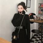 Turtleneck Long-sleeve Midi Knit Dress With Belt - Black - One Size