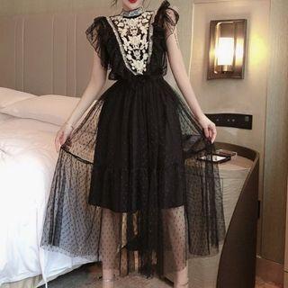Ruffled Dotted Sleeveless Mesh Top / Camisole / Maxi A-line Mesh Skirt