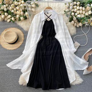 Set: Plain Shirt + Spaghetti Strap Midi A-line Dress Set - Shirt - White - One Size / Midi Dress - Black - One Size
