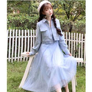 Cropped Buttoned Jacket / Sleeveless Pleated A-line Midi Dress