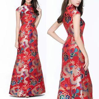 Stand Collar Cap Sleeve Print Mermaid Evening Gown