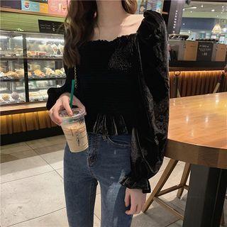 Plain Square-neck Velvet Long-sleeve Top Black - One Size