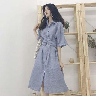 Tie Waist Elbow-sleeve Midi Shirt Dress