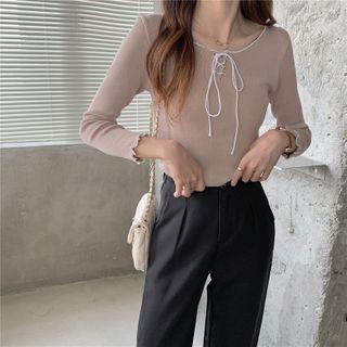Long-sleeve Ruffle Trim Lace-up Top