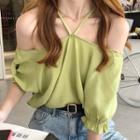 Elbow-sleeve Frill Trim Cold Shoulder Top Green - One Size
