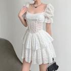 Puff-sleeve Printed A-line Layered Dress