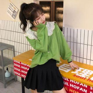 Lace Panel Collared Knit Cardigan