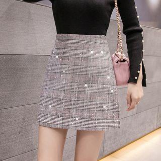 High-waist Faux Pearl Plaid Skirt