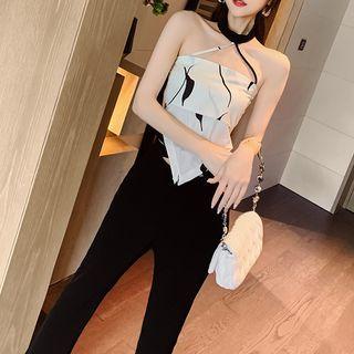 Set: Halter-neck Cropped Camisole Top + Boot-cut Pants