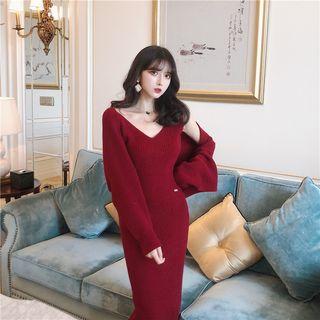 Sleeveless V-neck Midi Sheath Knit Dress / Open Front Cardigan