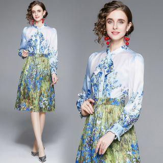 Long-sleeve Tie-neck Floral Print Button-up A-line Dress