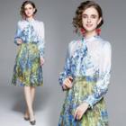 Long-sleeve Tie-neck Floral Print Button-up A-line Dress