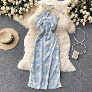 Halter Floral Slit Sleeveless Dress