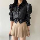 Button-up Faux Leather Jacket / Mini Pleated Skirt