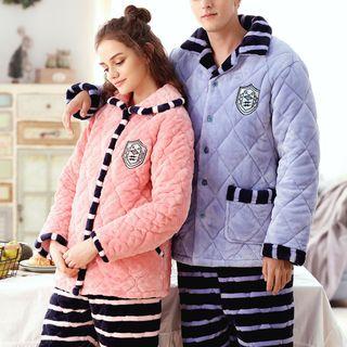 Couple Matching Loungewear Set: Quilted Coral Fleece Shirt + Pants