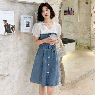 Short-sleeve Belted Denim A-line Dress