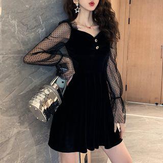 Dotted Mesh-sleeve Velvet Mini A-line Dress