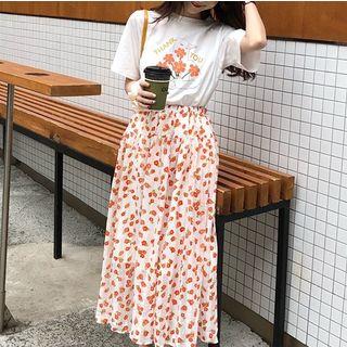 Short-sleeve Flower Print T-shirt / Floral A-line Midi Skirt