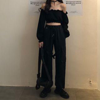 Off-shoulder Long-sleeve Top / Wide Leg Pants