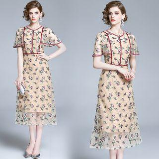Short-sleeve Floral Print Midi A-line Mesh Dress