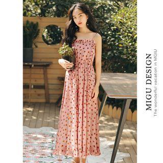 Spaghetti Strap Dotted Midi A-line Dress As Shown In Figure - M