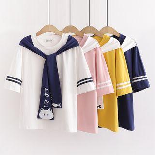 Mock Two-piece Cat Print 3/4-sleeve T-shirt