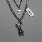 Set Of 2: Rabbit / Cross Pendant Alloy Necklace Black - One Size