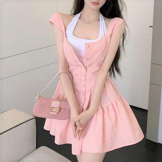 Halter-neck Crop Top / Sleeveless Button-up Mini Dress