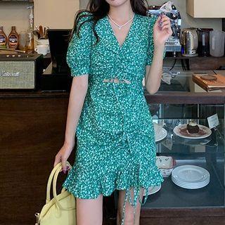 Short-sleeve Floral Print Cutout Mini Dress