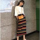 Embroidered Elbow-sleeve T-shirt / Striped H-line Midi Skirt