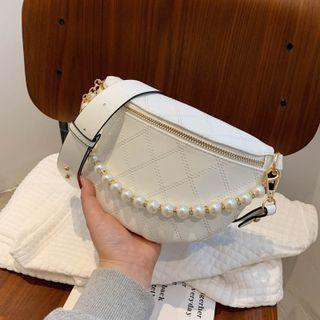 Faux Pearl Strap Quilted Belt Bag
